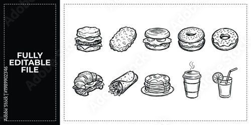 Hand Drawn Donuts Cake and Sweet Pastry Doodle Icon Set Sketch Vector Illustration EPS