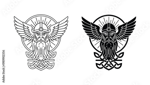 Viking warrior head with winged helmet and decorative knotwork icon set in outline and solid styles