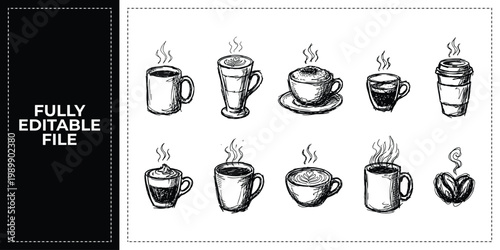 Hand Drawn Tea Cups Teapot and Hot Drink Doodle Icon Set Sketch Vector Illustration EPS