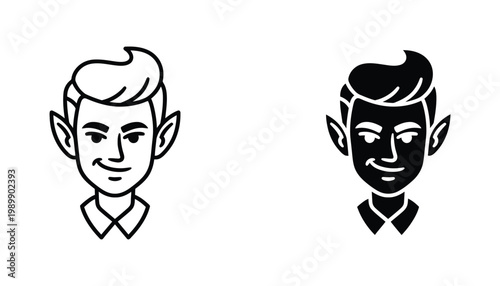 Smiling male elf character head portrait icon in outline and solid black style