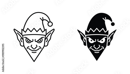 Evil elf face character icon in outline and solid black style for holiday design projects