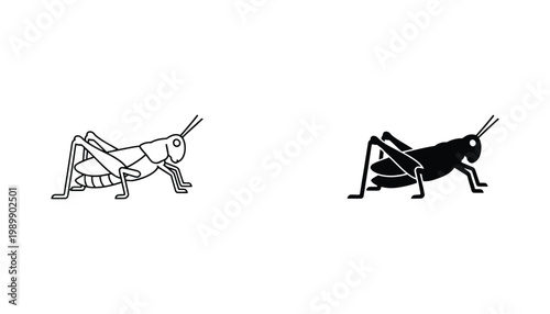 Grasshopper insect icon set in outline and solid black silhouette styles for nature and biology educational graphics