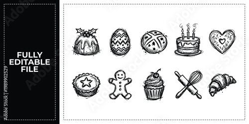 Hand Drawn Cookies Biscuits and Gingerbread Doodle Icon Set Sketch Vector Illustration EPS