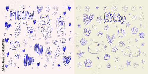 Doodle style illustrations of cats paw prints and hearts on pastel backgrounds