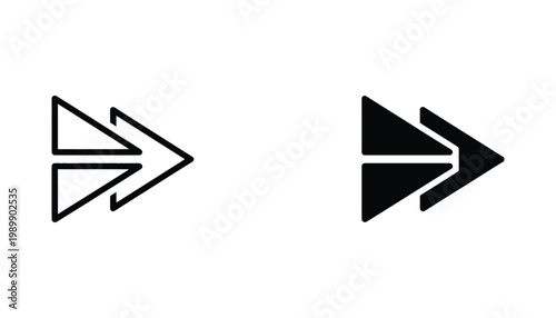 Fast forward arrow icon set featuring double triangle symbol in both clean outline and solid black graphic styles for media player and navigation interface design