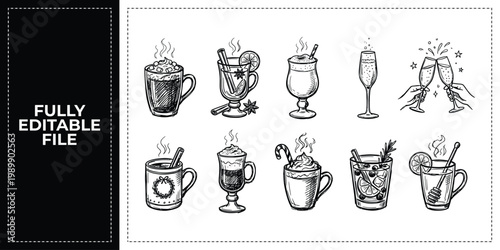 Hand Drawn Hot Drinks Coffee Tea and Cheers Doodle Icon Set Sketch Vector Illustration EPS
