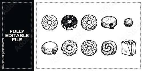 Hand Drawn Donuts Cookies and Sweet Baked Goods Doodle Icon Set Sketch Vector Illustration EPS