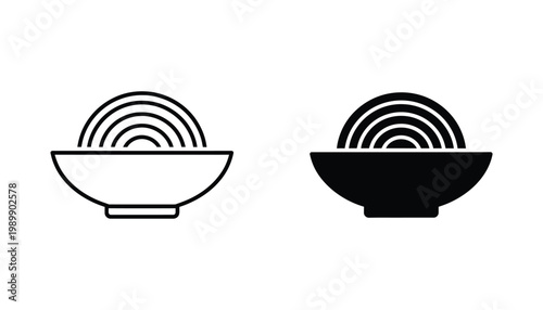 Noodle bowl icon set featuring minimalist outline and solid graphic styles for food and restaurant branding