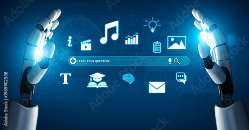 Foto Futuristic Robot Hands Interacting with Digital Icons and Symbols Representing Technology, Communication, and Information in a Modern Environment Quark