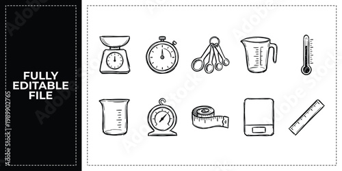 Hand Drawn Kitchen Scales Timer and Thermometer Doodle Icon Set Sketch Vector EPS