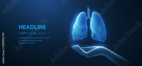 Lung health. Abstract 3d lung on hand. Lung care, tuberculosis awareness, world cancer day, pneumonia patient, organ anatomy, pulmonary medicine, corona virus, lung donor concept. Isolated on blue.