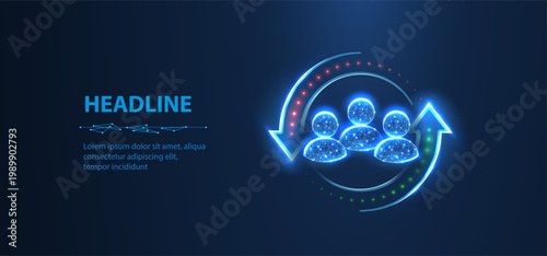 HR update. Three man icons inside arrows in the circle form. Human resource changes, employee retentioin, personnel update, workgroup support, staff retain, hr change concept. Abstract 3d pictogram