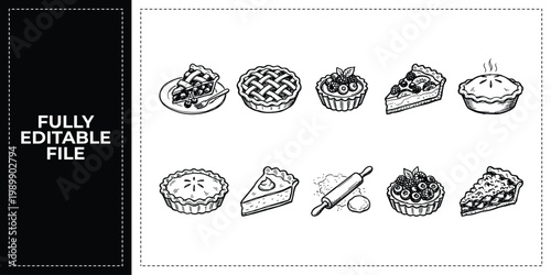Hand Drawn Pies Tarts and Cake Slices Doodle Icon Set Sketch Vector Illustration EPS