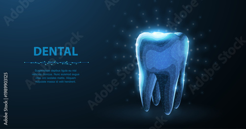Tooth. Abstract low poly shine bright tooth illustration. Blue background and stars. Dental care, dentist clinic, stomatology medicine concept. Dentist white toothpaste, teeth freshness symbol.