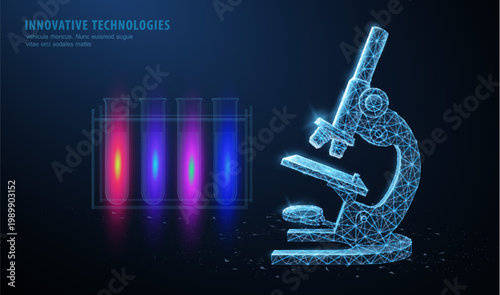 Microscope. Abstract vector 3d professional school microscope isolated on blue. Science laboratory, futuristic equipment concept. Lab research, microbiology analyze, future diagnostic symbol.