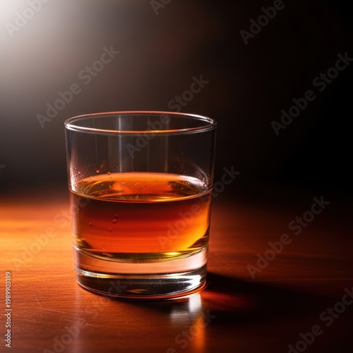 Description: A full glass of amber spirit, perhaps whiskey or bourbon, rests on a dark surface, illuminated by subtle atmospheric light, scotch, elegant, iced