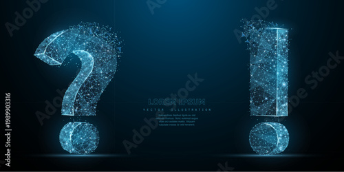 Question mark. Low poly wireframe mesh looks like constellation on dark blue background with dots and stars. Crumbled edge. Ask, help and problem symbol, illustration or background