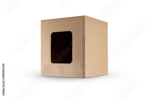 Brown cardboard boxes with a window isolated on white background