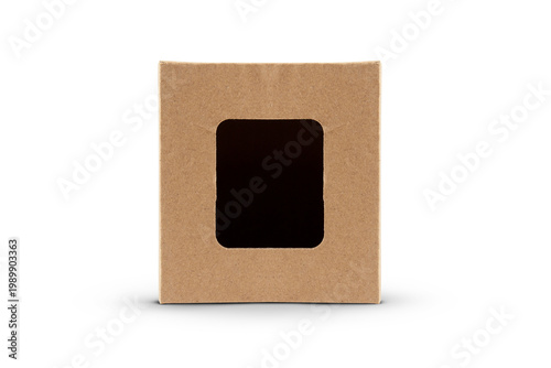 Brown cardboard boxes with a window isolated on white background