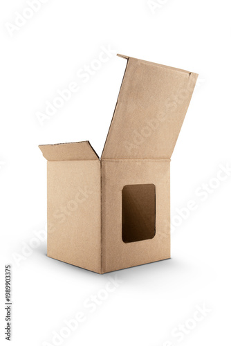 Brown cardboard boxes with a window isolated on white background