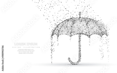 Vector umbrella rain protection. Abstract low poy umbrella cover in rain illustration. Isolated on white background with water fall drops. Meteorology, safety, autumn season concept