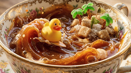 A miniature yellow rubber duck surfing on a coffee wave inside a vintage teacup with a sugar cube tropical island, creative macro photography.