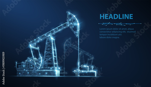 Oil pump on blue. Digital extraction, Gas market, Well drilling, Petroleum production, Fossil fuel, Oilfield crisis, Energy economy, War constriction, Oil refinery, Crude trading, Black gold concepts