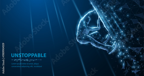 Climber on digital mountain. Low poly illustration or background. Extreme sport, high performance, unstoppable motivational, man challenge, success concept. Slogan. Climbing to Stars