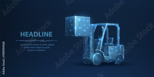 Forklift. Automated logistic service, digital warehouse, forklift technology, electric cargo machine, package delivery, AI industry equipment, factory transport. Polygonal illustration on blue.