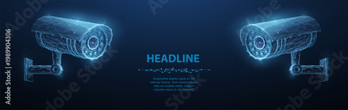 Security camera. Vector low pole illustration. Isolated on blue. Security system, smart home, cctv concept.