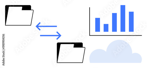 Data management, cloud storage, analytics, file sharing, technology, business solutions. Two folders with arrows, bar graph and cloud icon. Data management and cloud storage illustration