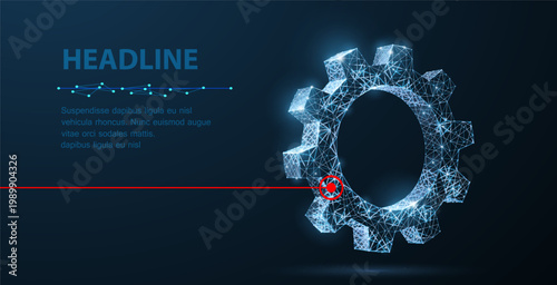 Gear. Abstract vector one gear 3d illustration isolated background. Mechanical technology machine engineering. Futuristic red laser line. Industry development, engine work, business solution concept