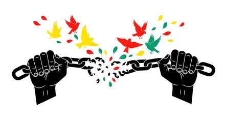 Juneteenth Concept Illustration with Breaking Metal Chains and Flying Birds in Pan-African Colors