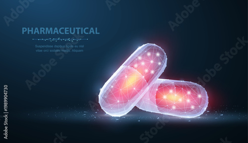 Pills. Abstract polygonal wireframe two red capsule pills on blue. Medical, pharmacy, health, vitamin, antibiotic, pharmaceutical, treatment concept illustration or background