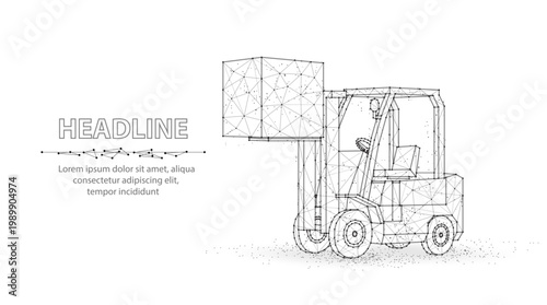 Forklift. Automated logistic service, digital warehouse, forklift technology, electric cargo machine, package delivery, AI industry equipment, factory transport. Polygonal illustration on blue.
