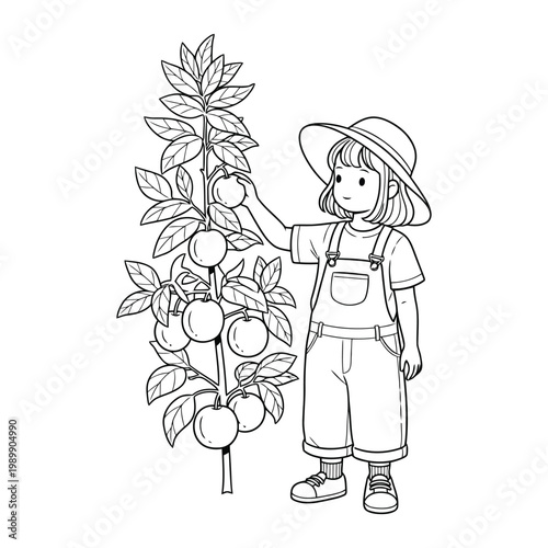 Girl picking apples from tree vector illustration