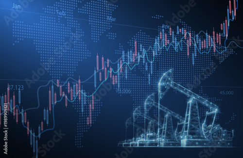 Digital screen showcasing financial chart graphs and oil pumps field. Achievement in well development, Tank rise, Management of demand, Crude petrol energy, Euro gas trade, Oil price increase concept