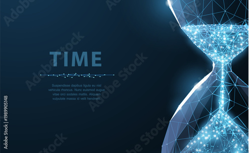 Sandglass. Low poly wireframe sandglass looks like constellation on dark blue background with dots and stars. Time, countdown, deadline concept illustration or background
