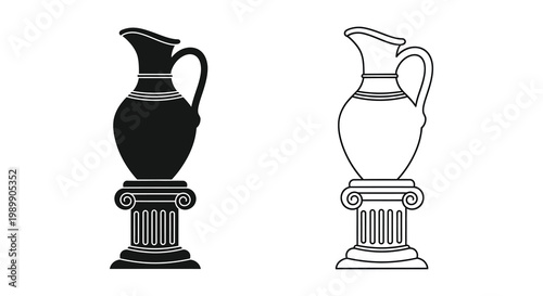 Ancient greek amphorae on pedestals black and white illustration silhouette