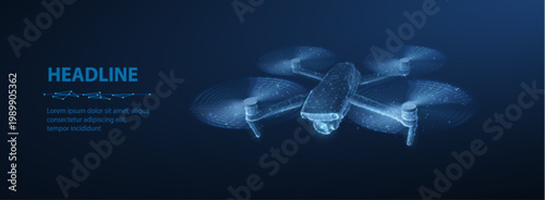 Drone. Abstract 3d drone isolated on blue. Military technology, aerial monitoring, futuristic videography, security innovation, remote video, digital tech, quadcopter concept. Polygonal illustration.