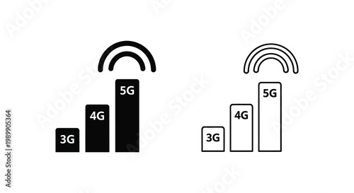 3g, 4g and 5g network signal strength icons black and white variations minimalist silhouette