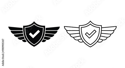 Two winged shield emblems with checkmarks a bold graphic design silhouette