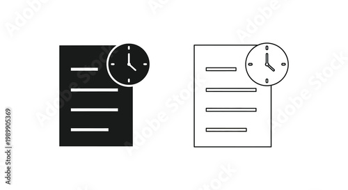 Two document icons with clocks one dark and one light in silhouette