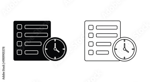 Checklist and clock icons black and white variations minimalist design silhouette