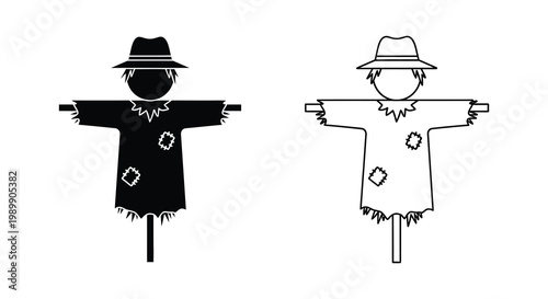 Two scarecrow depictions in contrasting styles a black filled and white outline silhouette