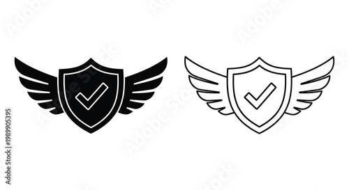 Winged shield icons with checkmark black and white variations graphic design silhouette