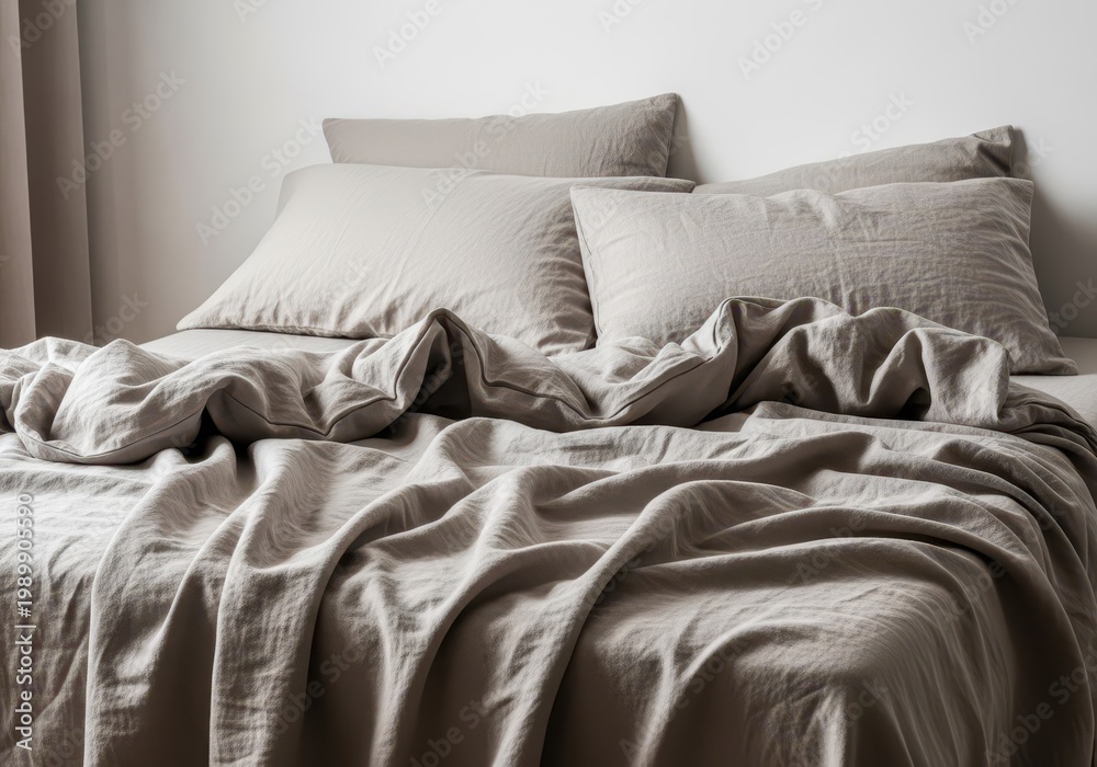 Obraz premium Neutral tone linen bedding and pillows styled loosely on a comfortable mattress in a bright, modern bedroom setting, tranquility, interior, minimal