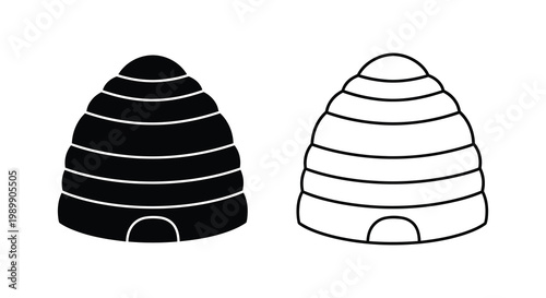 Two beehive illustrations one solid black and one outlined a striking silhouette