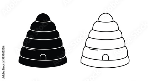 Two beehives in contrasting styles a black and white illustration silhouette