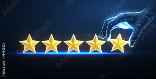 Digital review. 5 stars with digital hand. Best star rating, positive feedback, five stars servise, service quality, customer satisfaction, good experience, ai manage, survey concept